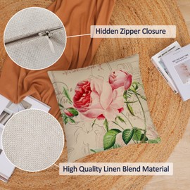 Set of 4 Rose Decorative Throw Pillow Covers 12x12 Inch Pink Floral Pillow Covers Square Pillow Cases Spring Summer Flower Outdoor Couch Sofa Home Decoration Cushion Covers (12 by 12)