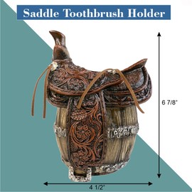 Western Saddle Toothbrush Holder for Bathroom – Rustic Resin Barrel Toothbrush and Toothpaste Organizer – Cowboy Decor – Western Bathroom Accessory – Horse Ranch Rustic Theme