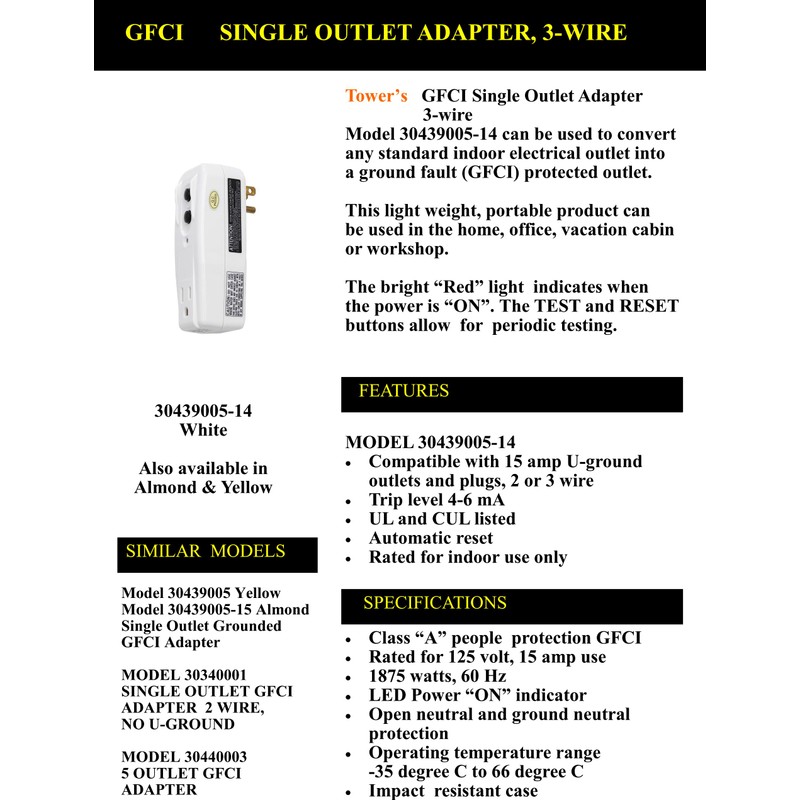 Tower Manufacturing 30439005-14 Auto-Reset 15 AMP Grounded 3-Prong GFCI Single