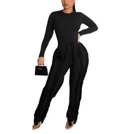 Women's Ruffle 2 Piece Jumpsuit Outfits Long Sleeve Tops Fringe Pants Set Casual High Waist Bodycon Tassels Pants Sets Black
