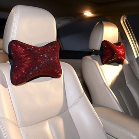 Carwales 2 Pack Women Neck Pillow for Car Seat Driving Girl Burgundy Red, Auto Seat Headrest Cushion Driver Head Relax Neck Support Crystal Rhinestone Diamond Bling Christmas Car Accessories