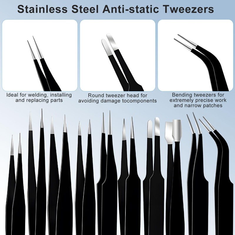 10Pcs Precision Tweezers Set, Non Magnetic Anti Static Stainless Steel