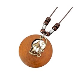 Vintage Wooden Pendant Sweather Necklace Boho Long Pendant Necklaces Feather Leaf Statement Long Rope Sweater Necklace Chain Pendant Necklace for Women (Birdcage)
