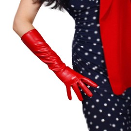 DooWay Women Long Leather Goloves Faux Lambskin Red 16" Elbow Length Costumes Dress Gloves
