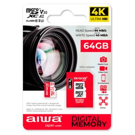 AIWA MSDV30 64GB MicroSDXC Class 10 Class U3 UHS Memory Card with Adapter U3 A2 SDXC IP57 90Mbps