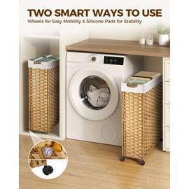 Greenstell Laundry Hamper with Wheels, 17.4 Gallon (66L) Slim Laundry Basket with 2 Removable Liner Bags & 2 Mesh Bags, Narrow Rattan Clothes Hamper for Bedroom, Laundry Room, Bathroom, Natural