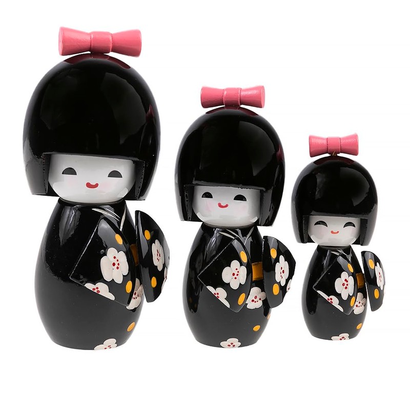 lachineuse 3 Japanese Kokeshis Dolls - Design and Black Hue,