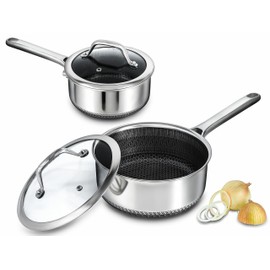 Bakoniion Hybrid Nonstick Saucepan Set of 2 with Lids 1.5 QT and 3 QT, Stainless Steel Honeycomb Pans with Side Pour Spouts,Compatible with All Cooktops,Dishwasher and Oven Safe