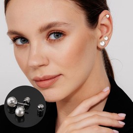 3 Pairs Double Sided Stud Earrings Set for Women, Pearl Stud Earrings Round Cubic Zirconia Studs 3-5-7mm (Pearl)
