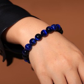 Wizock Gem Semi Precious Gemstone Beaded Bracelets Spiritual Crystals Unisex Stretch Bracelets for Women and Men 10mm Round Beads (Blue Tiger's Eye)