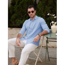 JEKAOYI Mens Casual Long Sleeve Cotton Linen Shirts Buttons Down Solid Plain Roll-Up Sleeve Summer Beach Shirts Blue