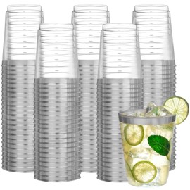 AUTOWNLUX Pack of 50 Hard Plastic Cups with Silver Rim, 300 ml/10 oz Plastic Drinking Cups, Reusable Transparent Party Cups for Party, Wedding, Birthday