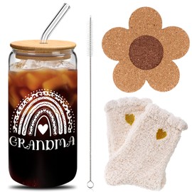 Yetene 3 Pcs Mothers Day Gifts for Grandma 16 oz Glass Coffee Cups with Straws, Socks, Flower Coaster, Birthday Gift for Grandma from Granddaughter, Grandson
