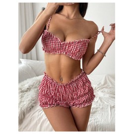 SOLY HUX Women's Summer Short Set 2 Piece Plaid Crop Camisole Bra Bloomer Shorts Festival Rave Outfits White and Red Large