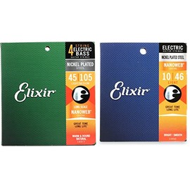 Elixir Strings 14077 Nanoweb Electric Bass Guitar Strings - .045-.105 Light/Medium Long Scale + Elixir Strings 12052 Nan