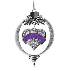 Inspired Silver - Purple Ribbon Support Silver Christmas Ornament - Pave Heart Charm Christmas Tree Ornament with Cubic Zirconia - Holiday Hanging Decoration