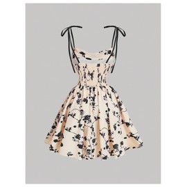 Milumia Women's Floral Flared Short Dresses Tie Shoulder Spaghetti Strap Summer Dress Apricot Small