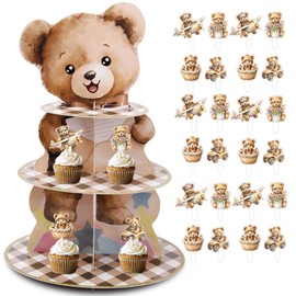 Apinwin We Can Bearly Wait 3-Tier Cupcake Stand Holder with 24pcs Bear Cupcake Toppers, Brown Bear Table Dessert Tower for Bear Baby Shower Birthday Gender Reveal Party Decoration Supplies
