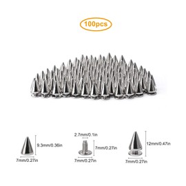 Juibao 100x Cone Spikes Studs with Screwbacks Punk Rivets, Double Cap Rivet for Punk Spikes on DIY Leather Bags Clothes Shoes, 7 × 10mm, Silver