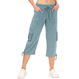 MoFiz Womens Capris Summer Cargo Shorts Lightweight Quick Dry Athletic Casual Travel Loose Ladies Outdoor Hiking Pants Pockets Dusty Blue XL