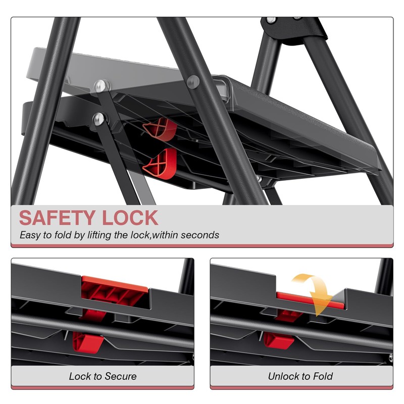TOOLF 3 Step Ladder, Folding Step Stool with Anti-Slip Wide