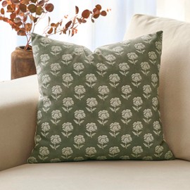 DOMVITUS Floral Pillow Covers 20x20 Throw Pillow Covers Decorative Farmhouse Block Floral Print Vintage Pillow Cover for Living Room Couch Bed, Dusty Green, 1PC