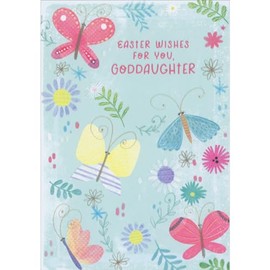 Designer Greetings Pink, Blue and Yellow Butterflies and Sparkling Flowers Juvenile Easter Card for Young Goddaughter