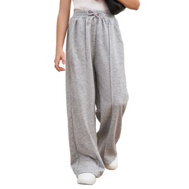 COZYEASE Girl's Wide Leg Sweatpants Elastic Waist Drawstring Straight Leg Baggy Jogger Pants with Pocket Light Grey 8Y