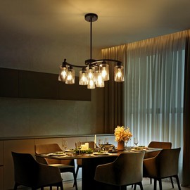 Sigaitwei 9-Light Modern Farmhouse Chandelier，29.5" Black Dining Room Light Fixture，Industrial Pendant Lights Kitchen Island,Metal Bracket with Downward Clear Glass Shade