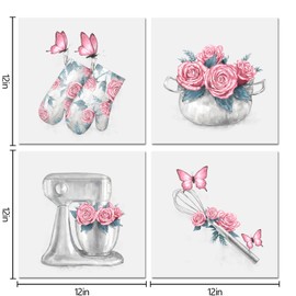 HOMEOART Kitchen Wall Art Farmhouse Kitchen Decor Flower Butterfly Painting Pictures Framed Artwork 12x12inchx4Pieces (Pink)