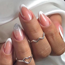 French Tip Press on Nails Almond Fake Nails Medium Acrylic Nails Press ons Cute Nude Pink Full Cover Silver Glitter with Glue on Nails White Tip False Nails for Women Girls 24 Pcs