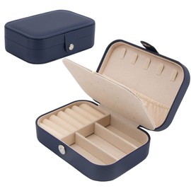 Time to Sparkle Travel Jewelry Box PU Leather Jewelry Organizer for Girls, Double Layer Portable Mini Travel Case Display Storage Holder Boxes for Stud Earrings Rings Necklaces Bracelets Navy Blue