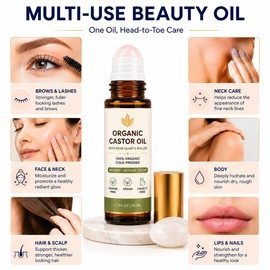 Organic Castor Oil Roll On Rose Quartz | 100% Pure Cold-Pressed Castor Oil For Fine Lines, Wrinkles & Puffiness,Thicker Lashes & Brows,Gifts for Women