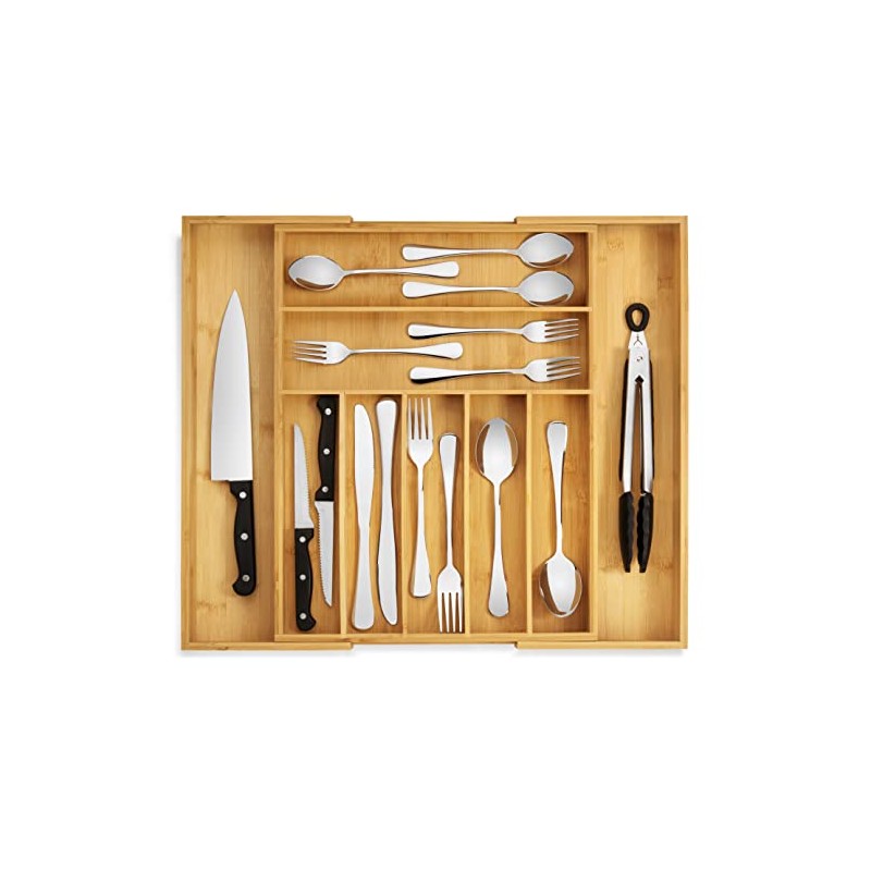 Purawood Bamboo Drawer Organizer - Expandable Silverware Organizer & Utensil