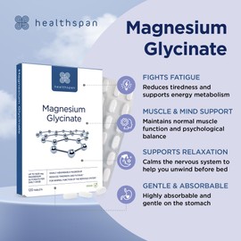 Healthspan Magnesium Glycinate 1500mg (120 Tablets) | Unwind at Bedtime | Reduces Tiredness & Fatigue | Maintains Normal Muscle & Psychological Function | Gentle on Your Stomach | Vegan