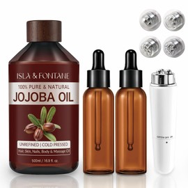 ISLA & FONTANE Jojoba Oil Set – 17 fl oz (500ml) | 100% Pure & Natural | Golden, Unrefined, Cold Pressed | 2 Dropper Bottles & Massager | Hexane-Free Carrier Oil for Skin, Hair, Face, Nails & Body