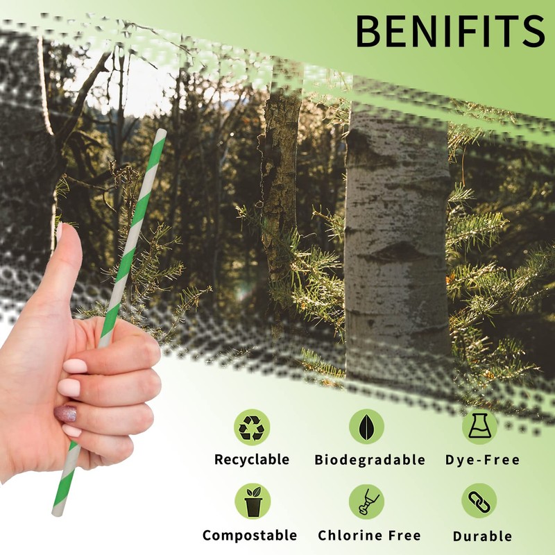 Disposable Paper Straws Green White Striped Straws, Spring Green Biodegradable