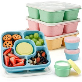Lunchable Snack Containers for Adults - 5 Compartments Bento Snack Boxes with 4 Leakproof Small Containers, Wheat Straw, Set of 4 - Color: Brights