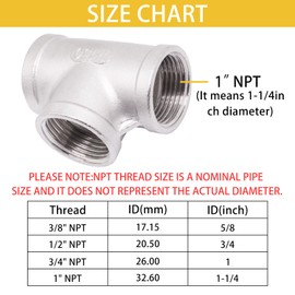 Sydien Tee Pipe Fittings 304 Stainless Steel Tee 1" x 1" x 1" Female NPT Thread Adapter T Shaped 3 Way Cast Pipe Fitting, 1 Pack