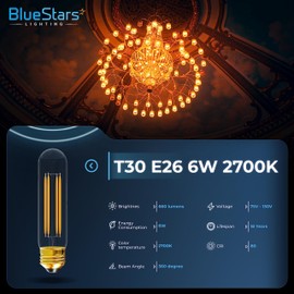 BlueStars 6-Pack 5.0in 6W T10 T30 Tubular LED Light Bulbs E26 Medium Base 2700K Warm White, 60W Equivalent, DIMMABLE, 660 lumens for Pendants, Wall Sconces and Chandeliers