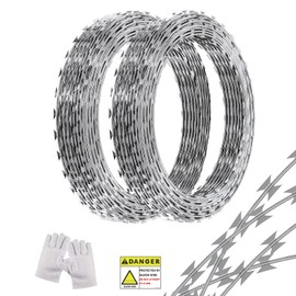LMYYGOO 296 FT Razor Wire, Concertina Wires, 6 Rolls,Silver, with a Warning Sign
