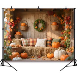 DePhoto 7x5FT Fall Thanksgiving Backdrop Rustic Wood Board Autumn Wreath Haystack Background Indoor Props for Baby Birthday Thanksgiving Decorations Vinyl