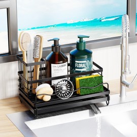 XINGTUV Sponge Holder for Kitchen Sink, Sink Caddy with High Brush Holder, Kitchen Sink Organizer Countertop Rustproof 304 Stainless Steel, Soap Dispenser Kitchen Organizers and Storage Essentials