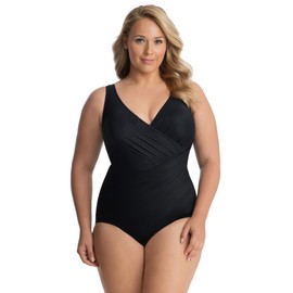 Miraclesuit Women's Plus Size Swimwear Oceanus V-Neckline Underwire Bra Tummy Control One Piece Swimsuit, Black, 22W