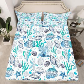 Feelyou Starfish Blue Ocean Fitted Sheet Queen Size Kids Hawaiian Sealife Bedding Set for Boys Girls Teens Marine Sea Creatures Bed Sheet Set Summer Underwater World Bed Cover Deep Pocket Room Decor