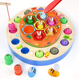 MOVEONSTEP Wooden Magnetic Fishing Toy for Kids 3 Years Old, 2 in 1 Montessori Educational Toy Party Play Game Christmas Birthday Gift for Girls Boys