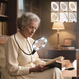 5X Large Hands Free Magnifying Glass for Reading, 6 Light Modes, 5.6In Book Magnifier, Neck Wear Magnifying Glass with Light Rechargeable, Flexible Gooseneck for Cross-Stitch, Low Vision Seniors