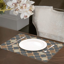 Loom and Mill Elegant Chenille Placemats Set of 4, Chic Checkered Pattern Jacquard Table Place Mats for Dining Table Kitchen Decor, Double Layer Dining Table Mats (Blue-Grey+Khaki+Beige, 12x18 inch)