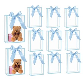12 Pcs Clear PVC Gift Bag with Handles, Plastic Party Favor Bags with Ribbon,Reusable Transparent Bags for Wedding Bridal Baby Shower Birthday (Light Blue, 15 x 24 x 8 cm)