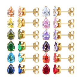 12 Pairs 18K Gold Plated Surgical Stainless Steel Stud Earring, Star Heart teardrop Square Cubic Zirconia Birthstone Stud Earrings Set (Gold teardrop 3mm)